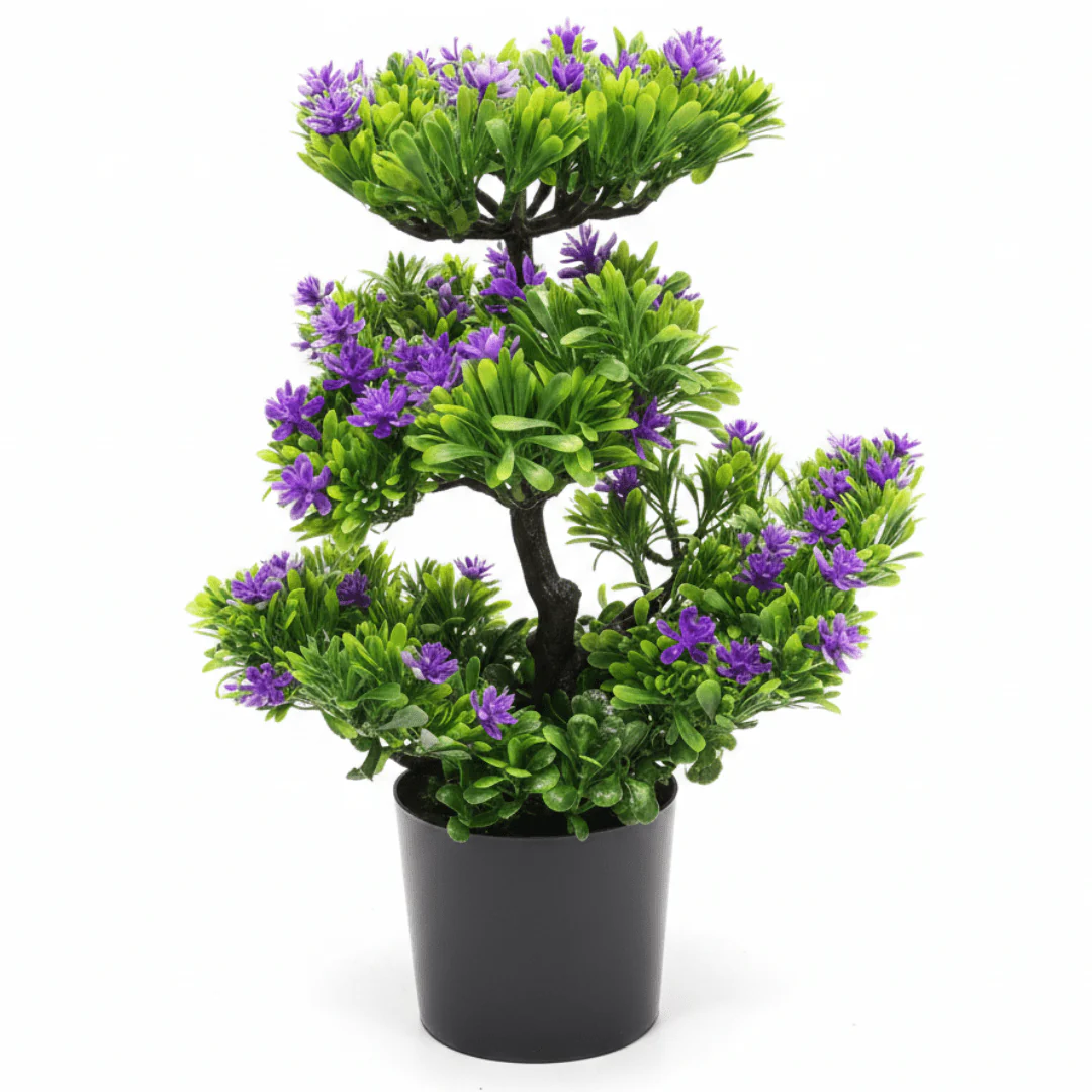 Green & Lavender Artificial Bonsai Tree | Black Plastic Pot | 35cm | Premium Faux Plant Décor