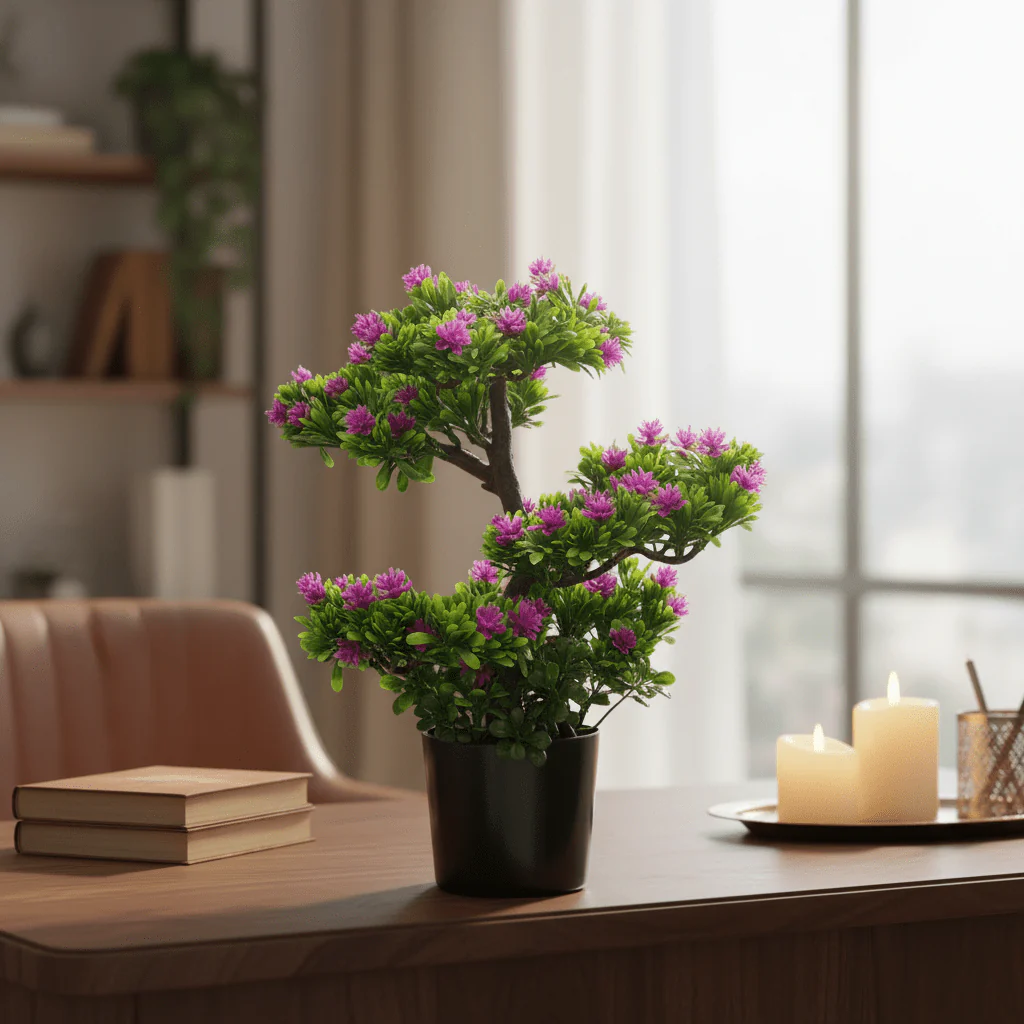 Artificial Bonsai Tree with Purple Blooms — 35cm | Black Vase | Premium Home Décor - Image 3