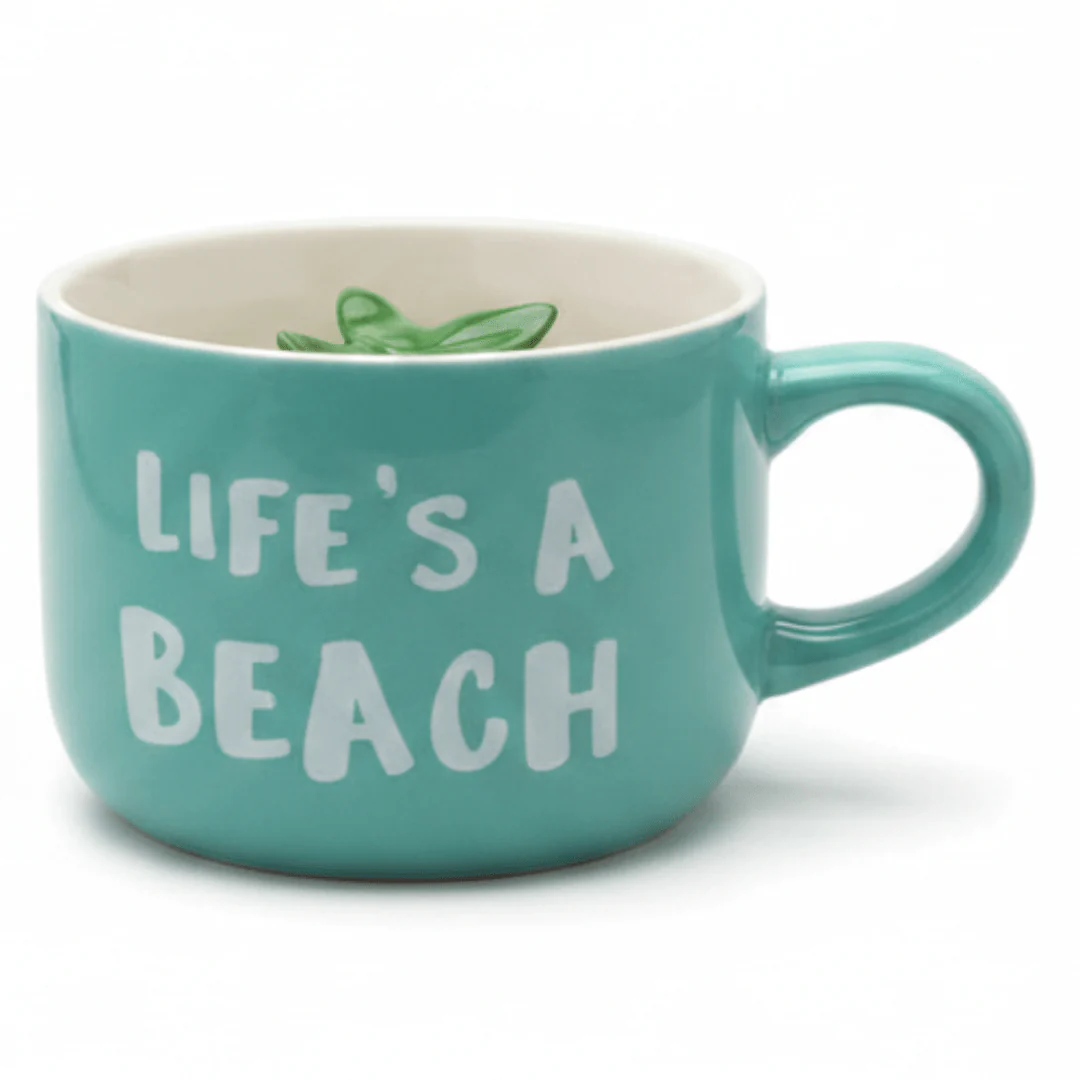 Life's A Beach Ceramic Mug with Hidden Plant Surprise — 400ml | Teal & White