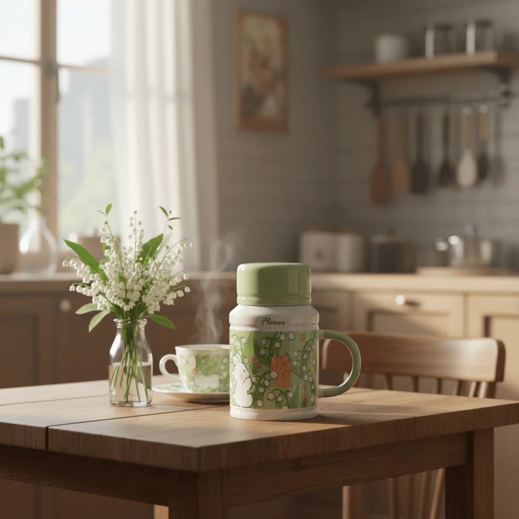 Flower Ceramic Mug with Lid | 400ml | Sage Green & White | Cute Bunny & Bear Design - Image 2