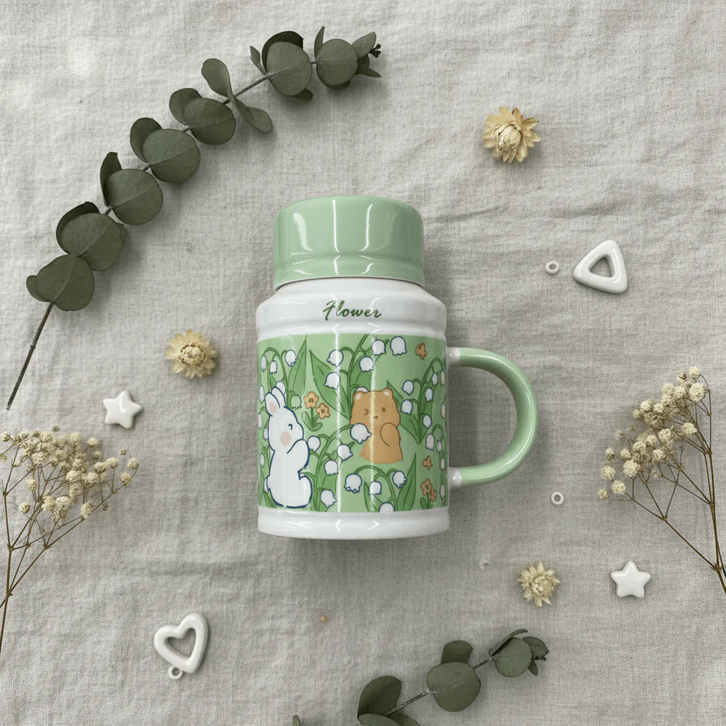 Flower Ceramic Mug with Lid | 400ml | Sage Green & White | Cute Bunny & Bear Design - Image 3