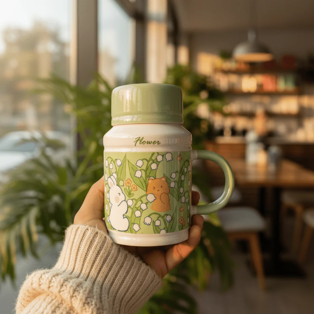 Flower Ceramic Mug with Lid | 400ml | Sage Green & White | Cute Bunny & Bear Design - Image 4