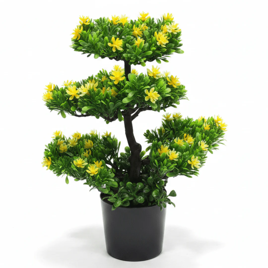 Artificial Bonsai Tree with Yellow Blooms | 35cm | Black Vase | Premium Faux Plant Décor
