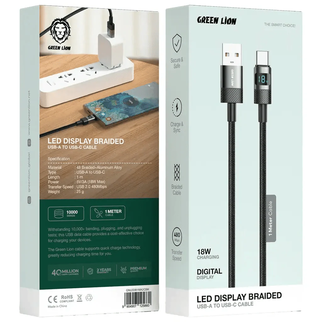 Green Lion 18W Led Display Braided 1M Cable Usb-A To Type-C 18W - Black - Image 3