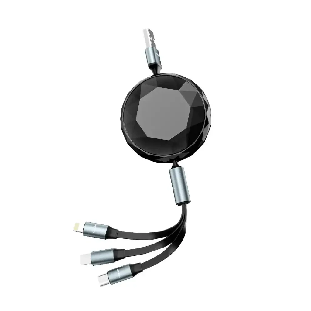Green Lion 5-in-1 Diamond Retractable Cable, USB-C to USB-C, USB-C to Lightning, USB-A to USB-C, USB-A to Lightning, 1.2M Length, 60W Charging, 480Mbps Data Transfer, Black