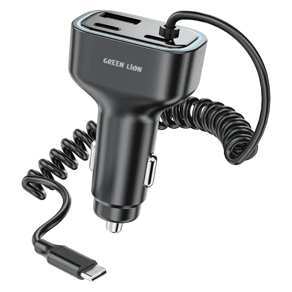 Green Lion 90W Car Charger with Dual PD Charger and Built-in USB-C and USB-A Cables – Gray