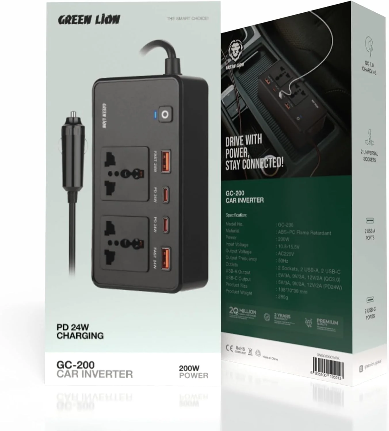 Green Lion Car Power Inverter 200W, 2×AC Universal Sockets, 2×USB-A & 2×USB-C Ports, PD 24W, QC 3.0 Charging, Durable Flame Retardant Material, Fast Charge Car Charger for Laptop, iPhone, Tablet - Image 5