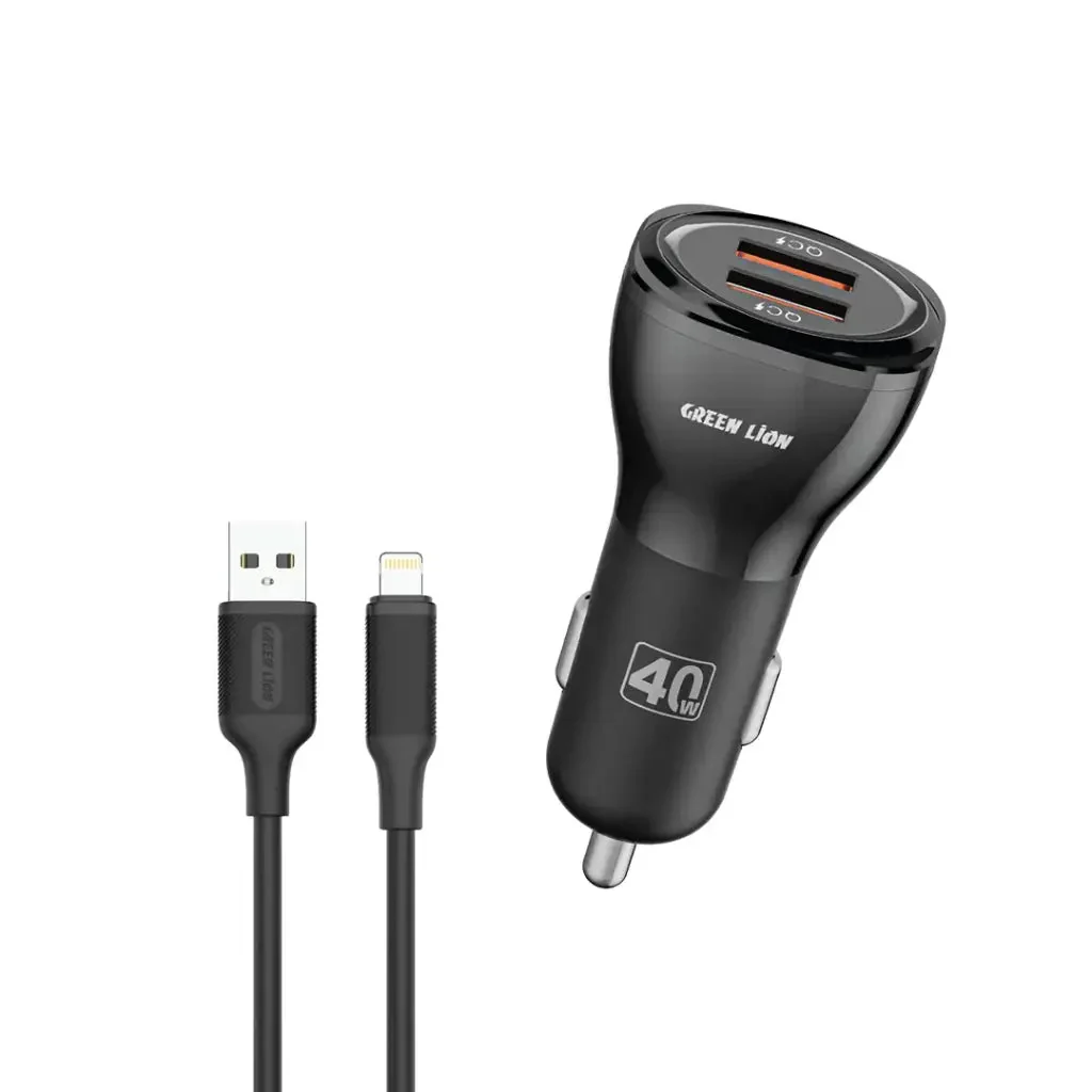 GREEN LION Dual Port Car Charger 40 Watt + USB-A to Lightning Cable, 1 meter Length