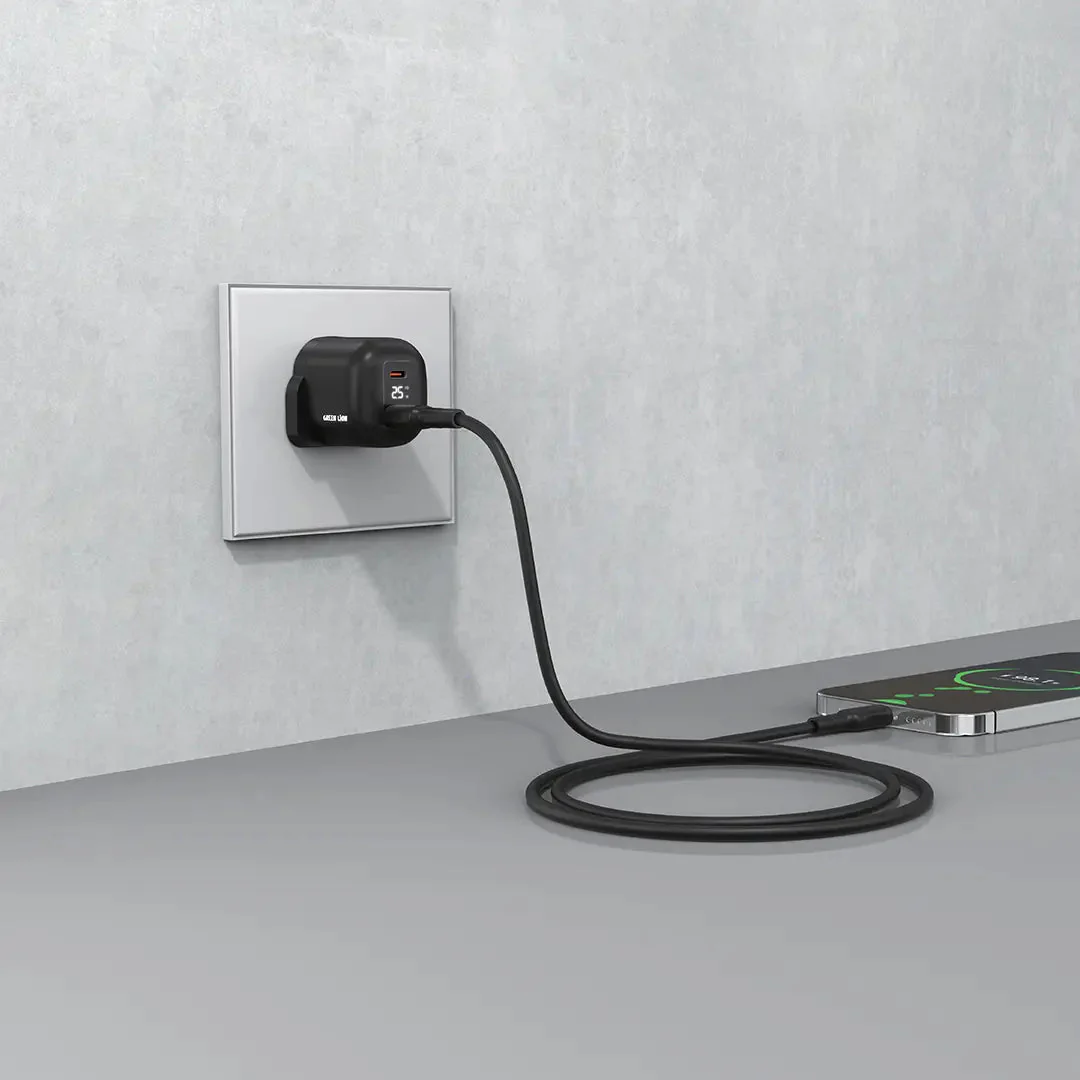 Green Lion Q- Series Uk Plug Gan Charger Usb-C&A Port Pd25W+ Qc3.0 with Real Time Display - Black - Image 2