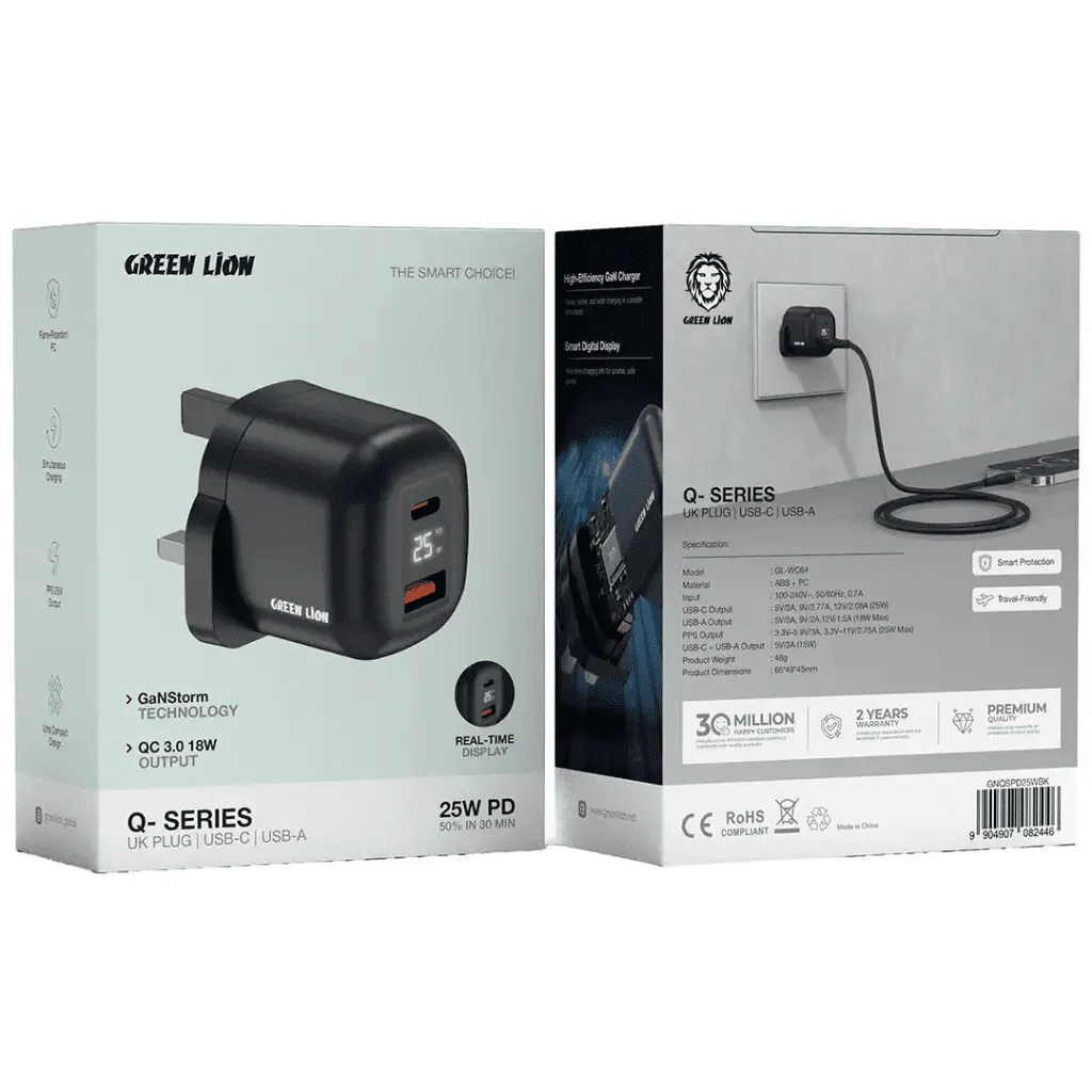 Green Lion Q- Series Uk Plug Gan Charger Usb-C&A Port Pd25W+ Qc3.0 with Real Time Display - Black - Image 3