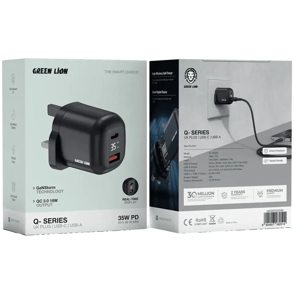Green Lion Q- Series Uk Plug Gan Charger Usb-C&A Port Pd35W+ Qc3.0 with Real Time Display - Black - Image 3