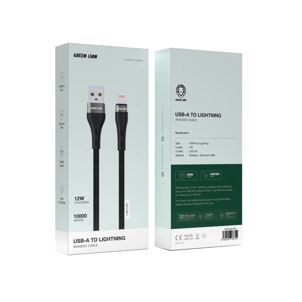 GREEN LION USB-A to Lightning Braided 1 meter Cable - Black - Image 2