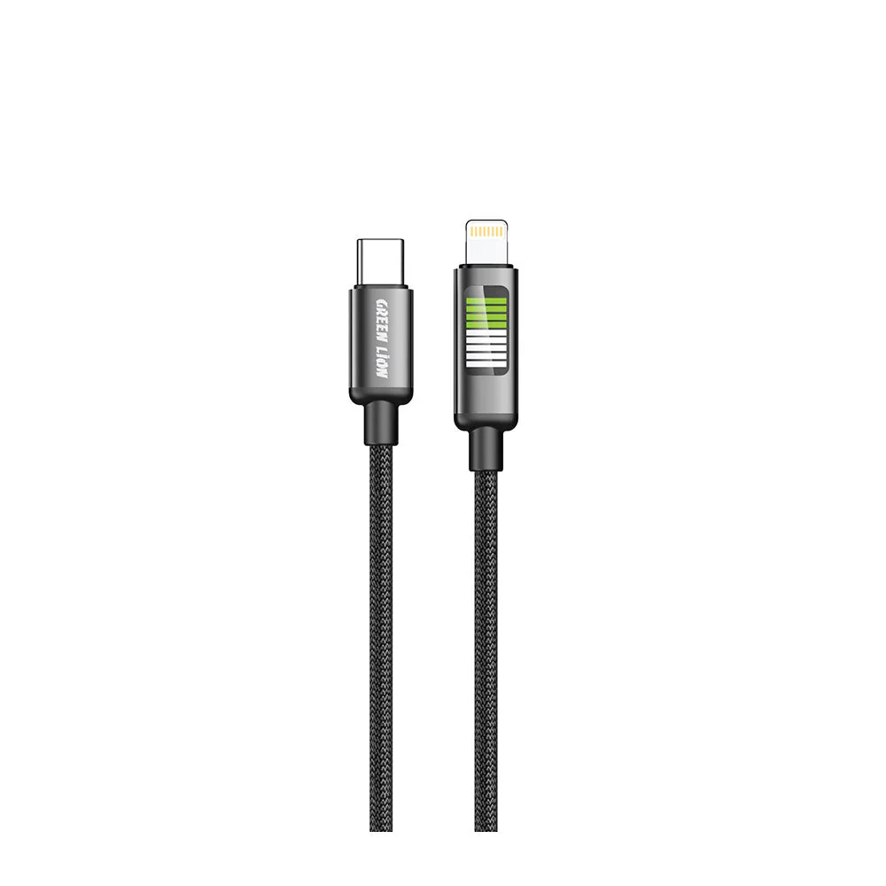 Green Lion USB-C to Lightning LED Charging Cable, 480Mbps Data Transfer Speed, 20V/3A (60W) Power Delivery, Braided + Aluminum Alloy, 1m Length, LED Indicator, 10,000 Bends Lifespan, Black