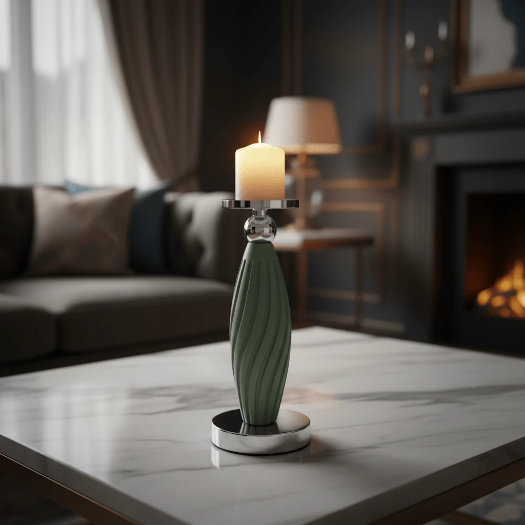 Sage Green Plastic & Metal Textured Pillar Candle Holder with Chrome Accents – 22.5cm - Image 2