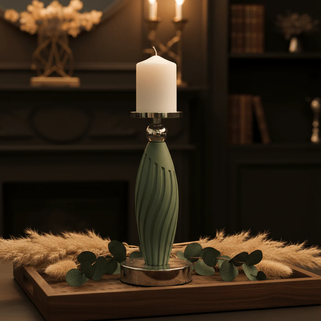 Sage Green Plastic & Metal Textured Pillar Candle Holder with Chrome Accents – 22.5cm - Image 3