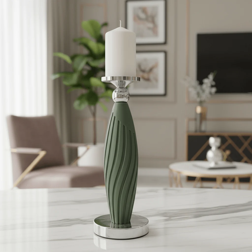 Sage Green Plastic & Metal Textured Pillar Candle Holder with Chrome Accents – 29cm - Image 2