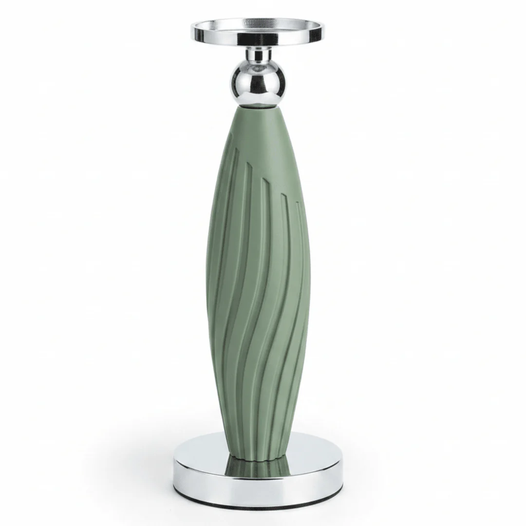 Sage Green Plastic & Metal Textured Pillar Candle Holder with Chrome Accents – 29cm