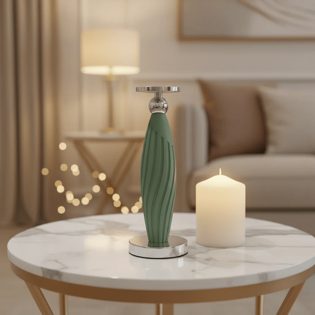 Sage Green Plastic & Metal Textured Pillar Candle Holder with Chrome Accents – 29cm - Image 2