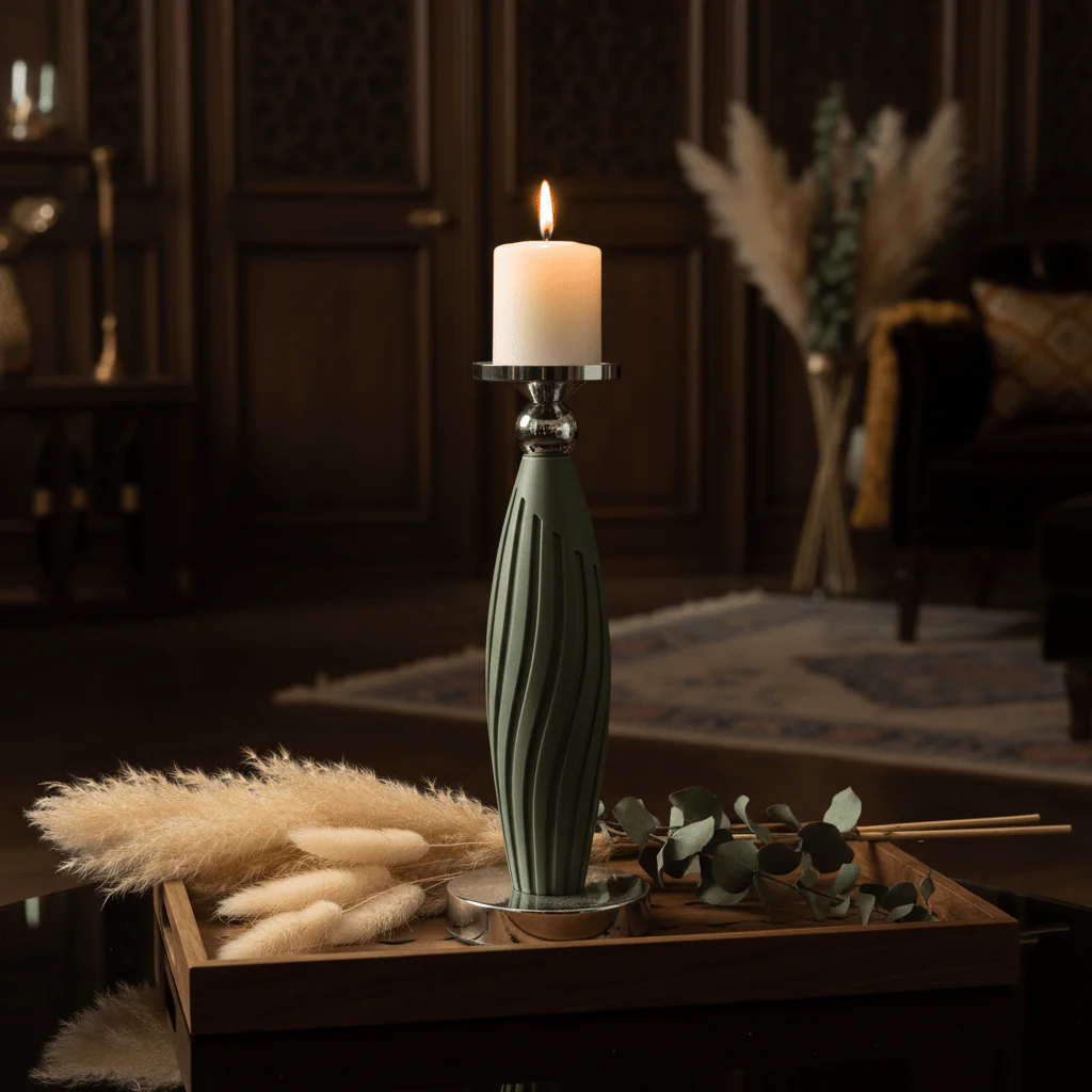 Sage Green Plastic & Metal Textured Pillar Candle Holder with Chrome Accents – 29cm - Image 3