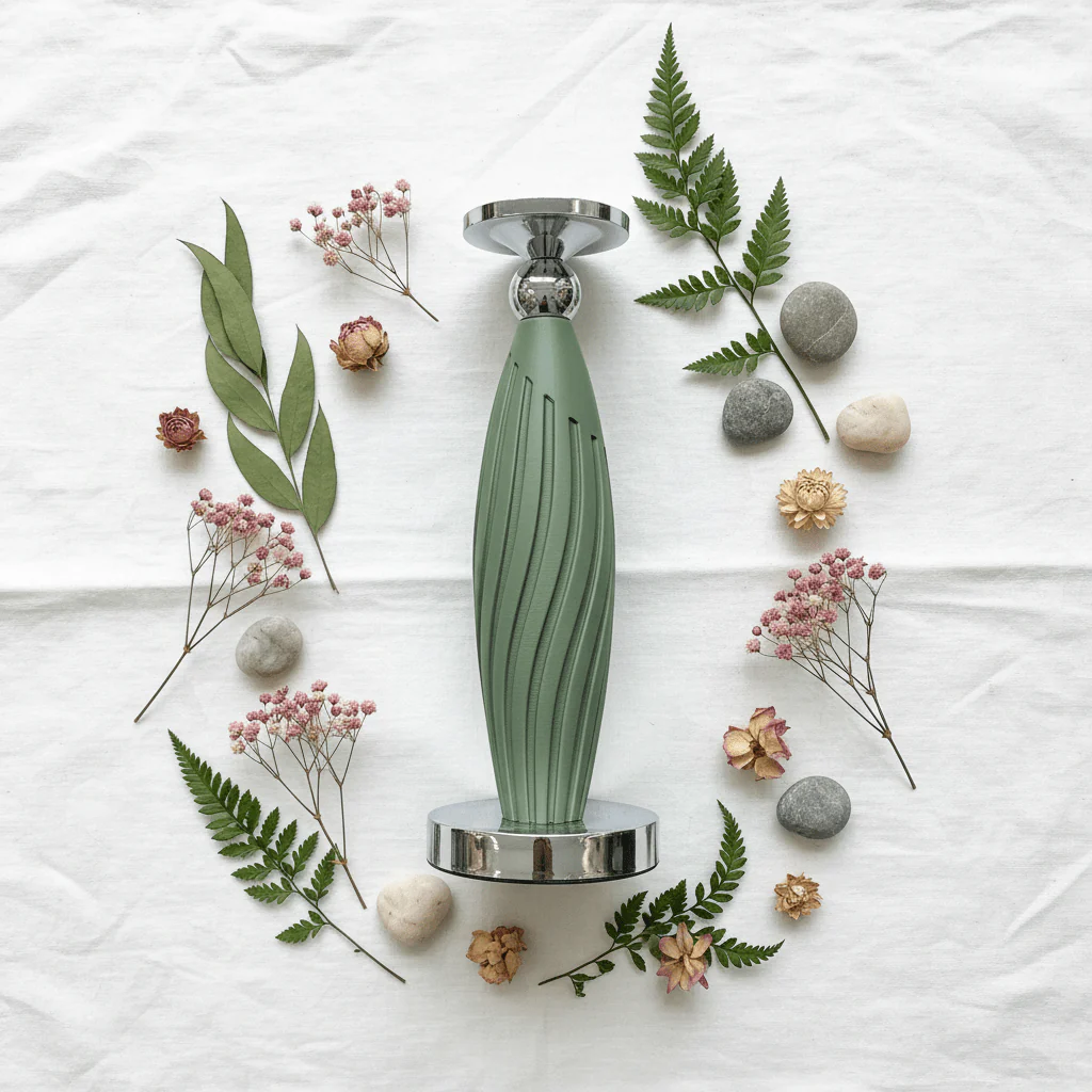 Sage Green Plastic & Metal Textured Pillar Candle Holder with Chrome Accents – 29cm - Image 4