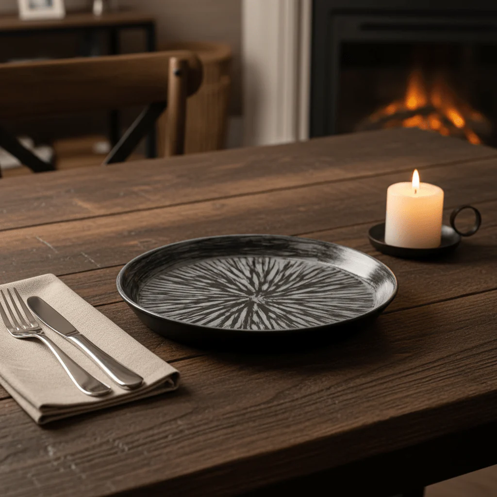 Elegant Grey & Black Ceramic Round Plate 20cm | Starburst Radial Design - Image 3