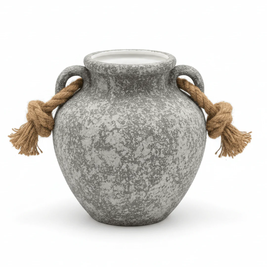 Grey Ceramic Vase with Jute Rope Handles | Speckled Stone Finish | Luxury Home Décor | 20cm