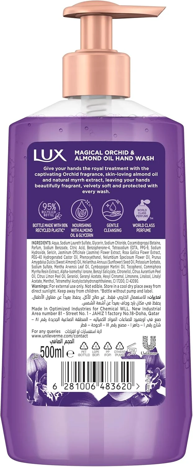 LUX Perfumed Liquid Hand Wash, Magical Orchid, with Almond Oil & Glycerin, for Fragrant, Soft and Clean Hands, 500ml - Image 4