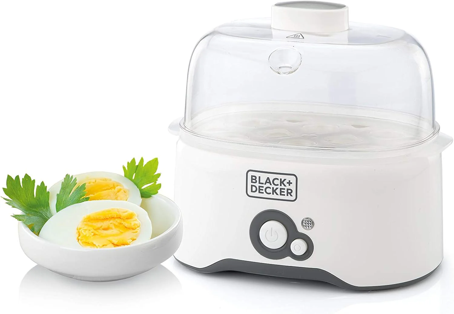 Black & Decker 280w 6 piece egg cooker with cooking rack and 2 poaching pan dry boil auto shutoff protection transparent cover white body, for perfect eggs eg200-b