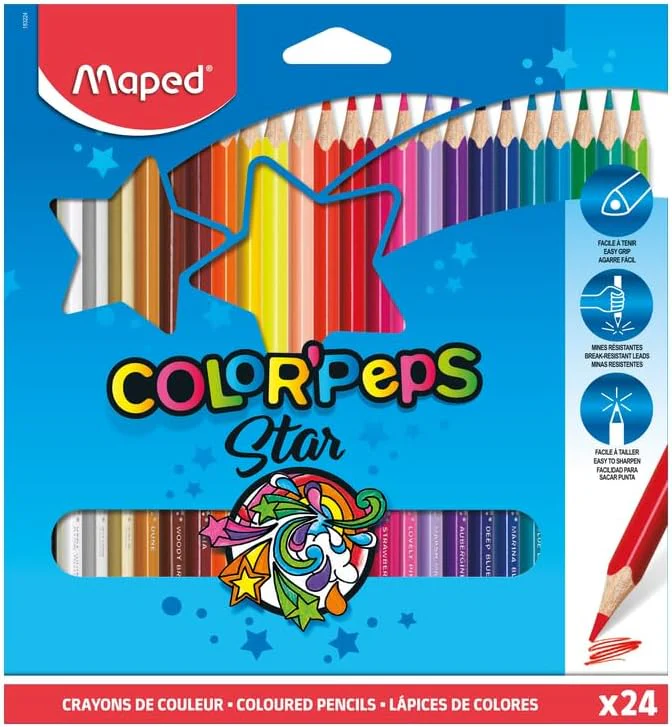Maped Color'Peps Star Triangular Colored Pencils – Assorted Colors, Pack of 24