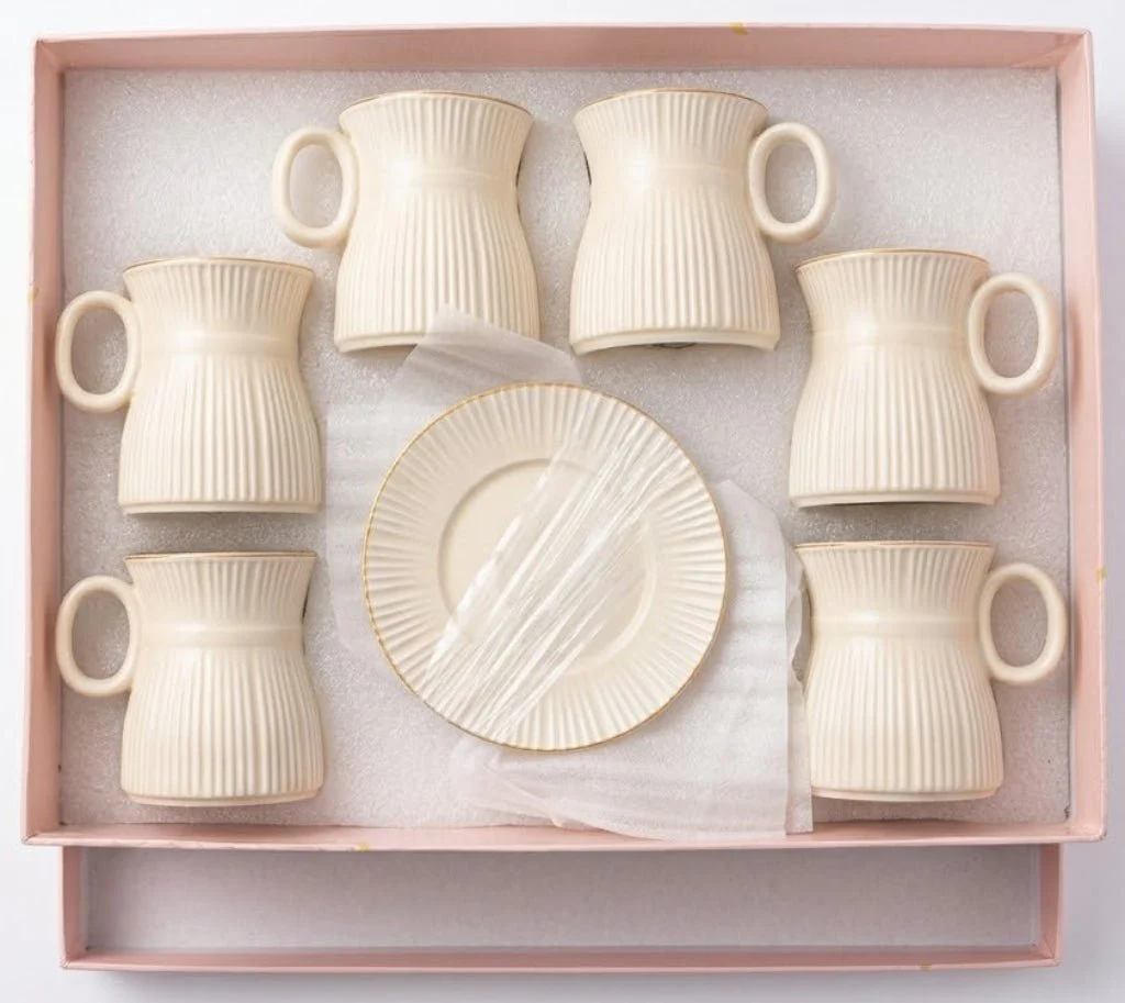 Hamid 12-Pcs Ceramic Cup & Saucer Set | 6 Cups + 6 Saucers | Light Cream with Gold Rim