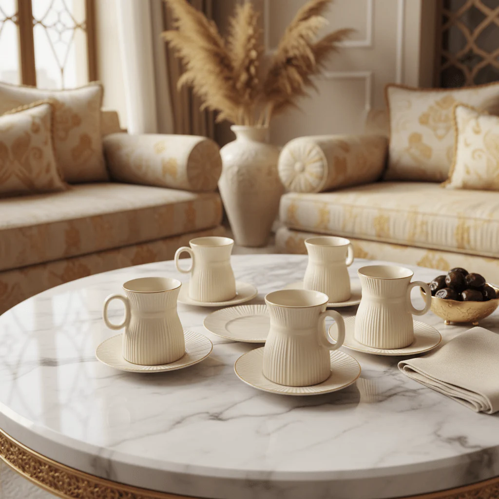 Hamid 12-Pcs Ceramic Cup & Saucer Set | 6 Cups + 6 Saucers | Light Cream with Gold Rim - Image 3