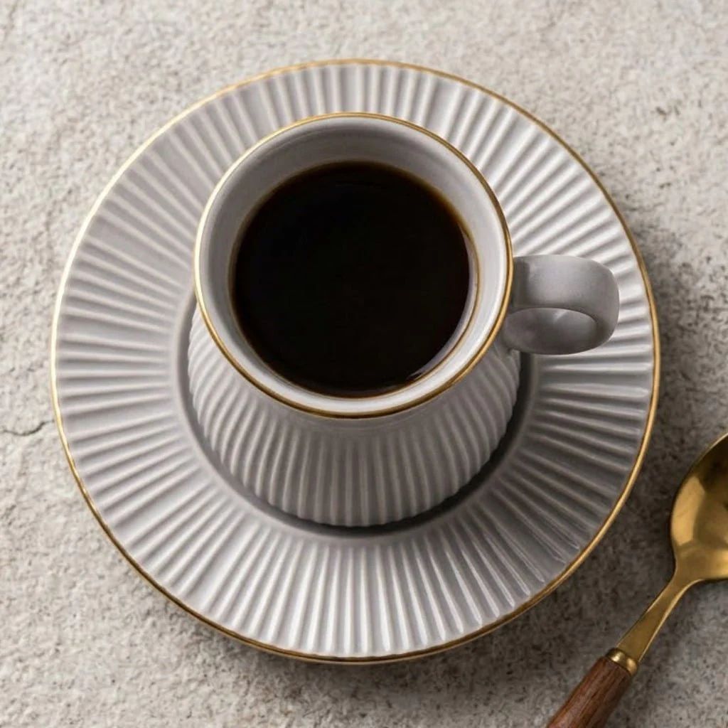 Hamid 12-Piece Ceramic Cup & Saucer Set – Light Gray with Gold Rim | 6 Cups & 6 Saucers - Image 2