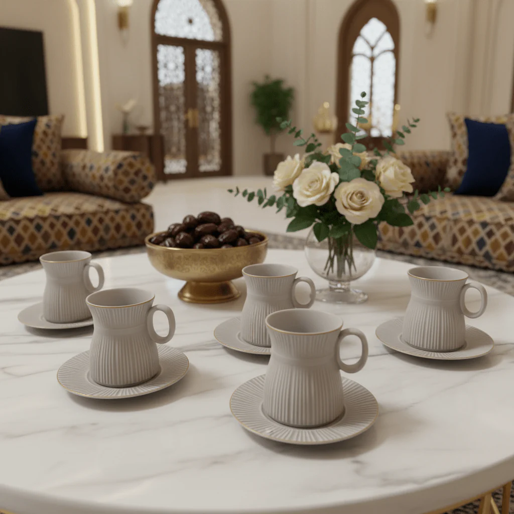 Hamid 12-Piece Ceramic Cup & Saucer Set – Light Gray with Gold Rim | 6 Cups & 6 Saucers - Image 3