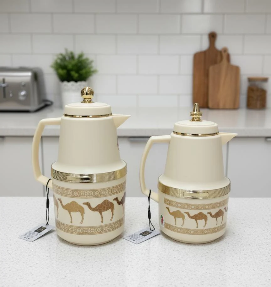 Hamid Double Set Vacuum Flask 0.7L & 1.0L – White and Cream Camel Print Edition for Traditional Arabic Style Serving - Image 2