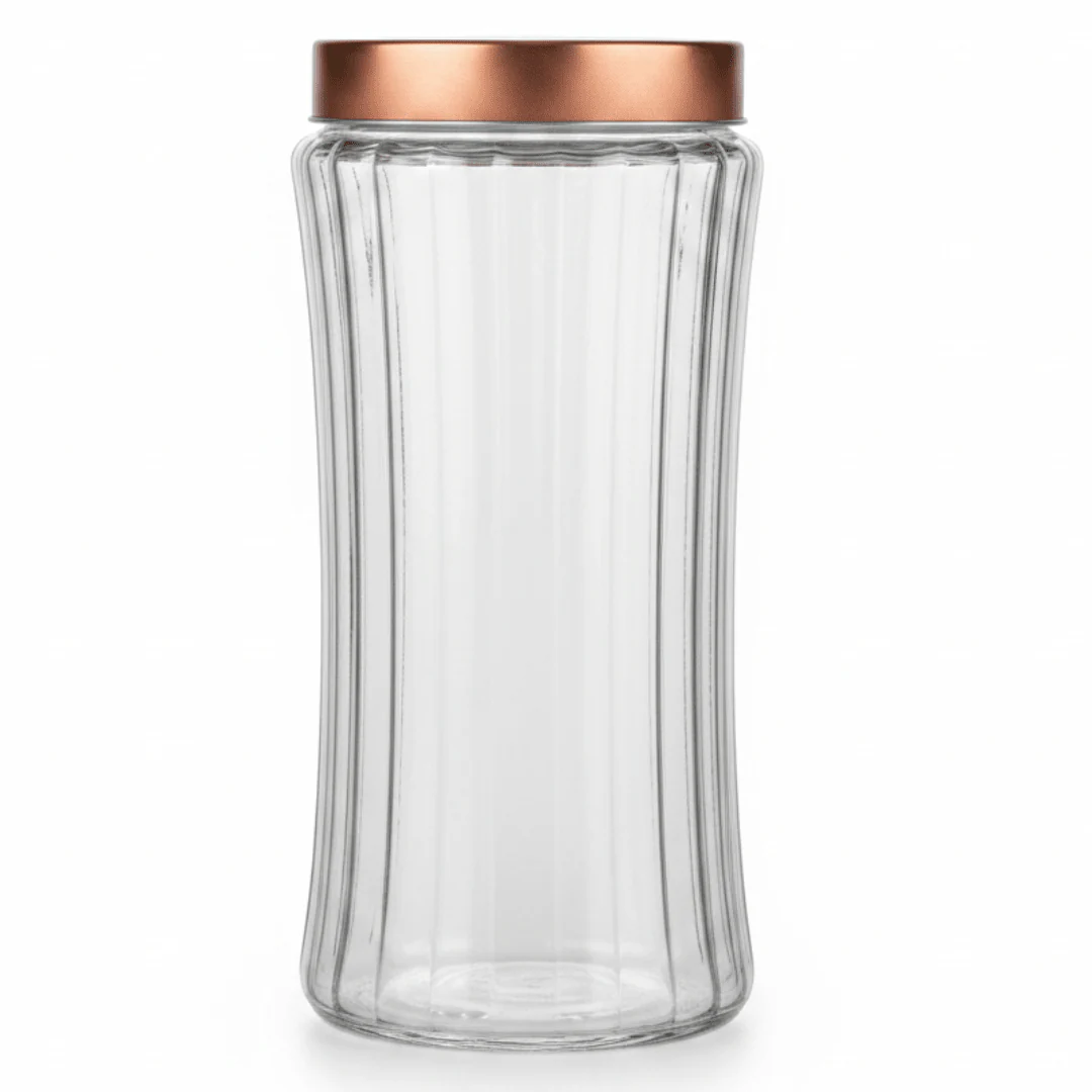 Hamid Ribbed Glass Canister with Rose Gold Metal Lid | 2 Litre | Airtight Storage Jar
