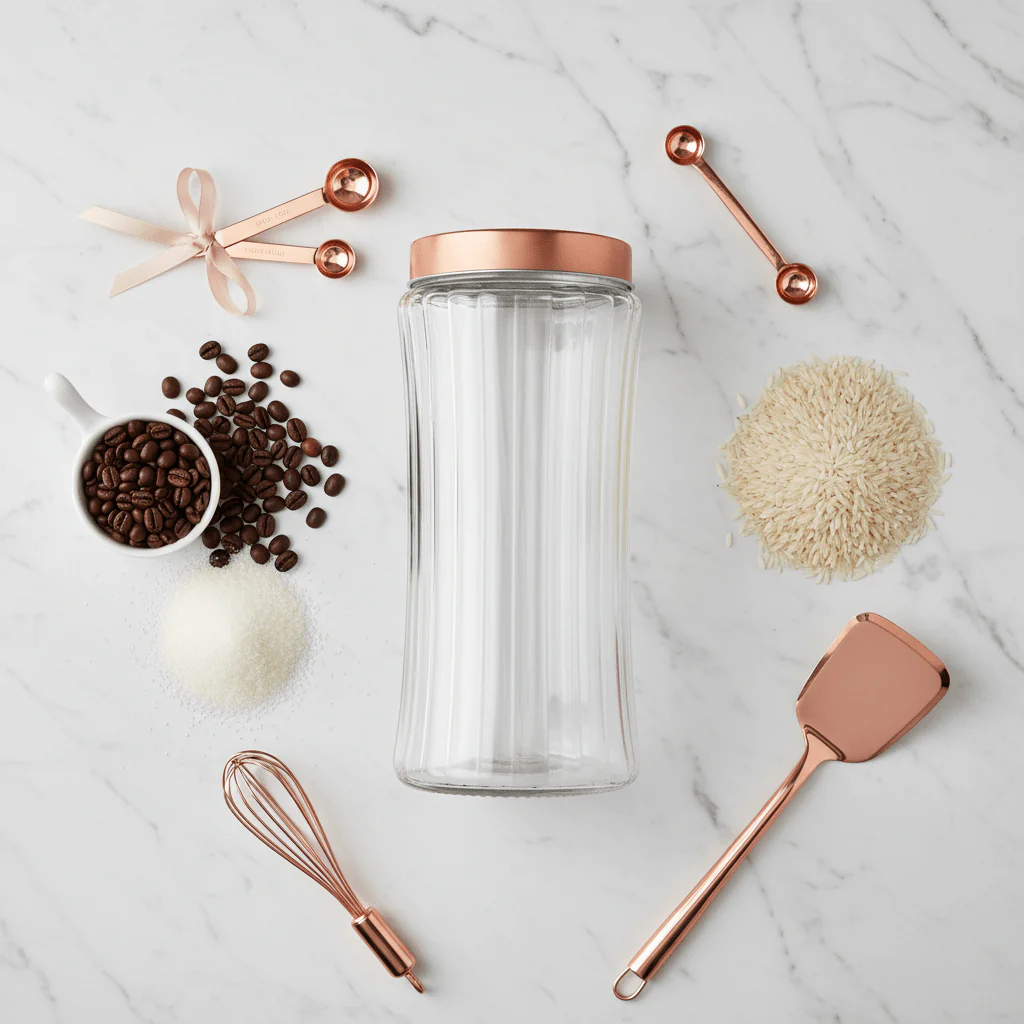 Hamid Ribbed Glass Canister with Rose Gold Metal Lid | 2 Litre | Airtight Storage Jar - Image 4