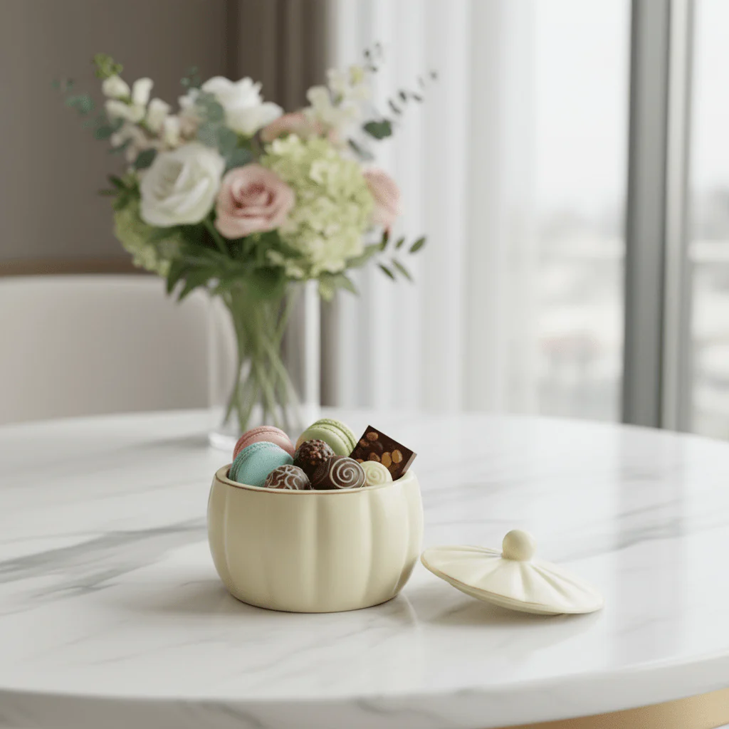 Hamid Light Yellow Ceramic Candy Bowl with Lid | 3.5 Inch | Gold Rim Accent - Image 2