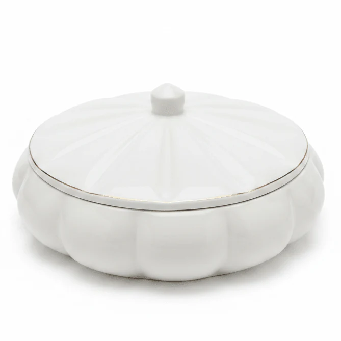 Hamid White Ceramic Candy Box with Lid | Scalloped Petal Design | 10.25cm