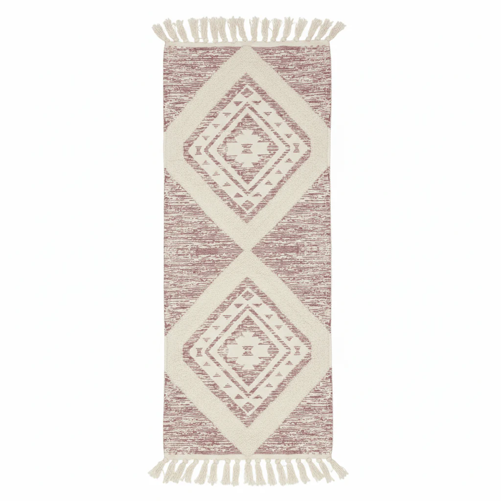 Handcrafted Boho Moroccan Diamond Geometric Runner Carpet | 50% Cotton 50% Polyester | 60×180cm | Cream & Dusty Rose | Tasseled Fringe | Living Room, Bedroom & Hallway