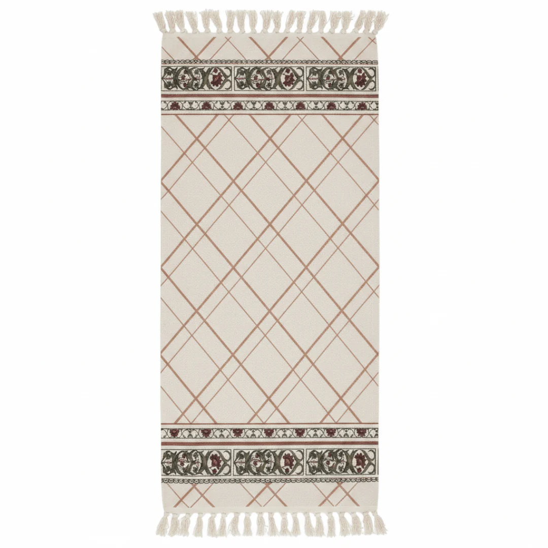 Handcrafted Diamond Lattice Runner Carpet | 50% Cotton 50% Polyester | Fringe Border Rug | 60 x 180 cm | Cream Beige | Majlis, Hallway & Bedroom Décor