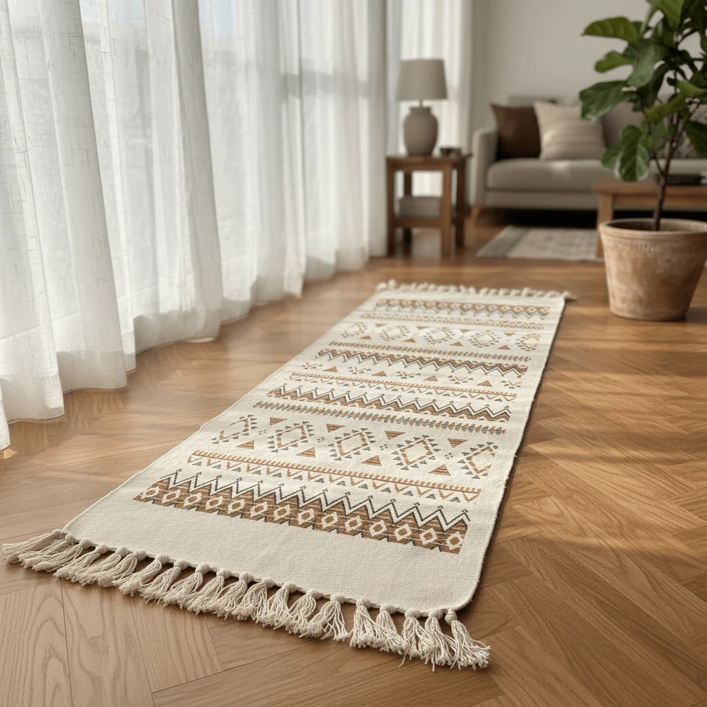 Handcrafted Moroccan Berber Flat Weave Runner Carpet | Geometric Tribal Pattern | 50% Cotton 50% Polyester | 60×180 cm | Cream White with Brown & Gold Motifs - Image 2