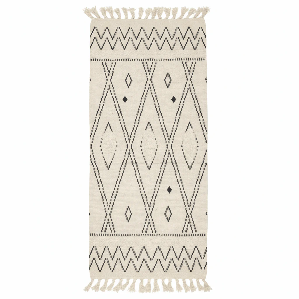 Handcrafted Moroccan Berber Flatweave Carpet | Geometric Diamond & Zigzag Pattern | 50% Cotton 50% Polyester | 60×180 cm | Ivory & Black |
