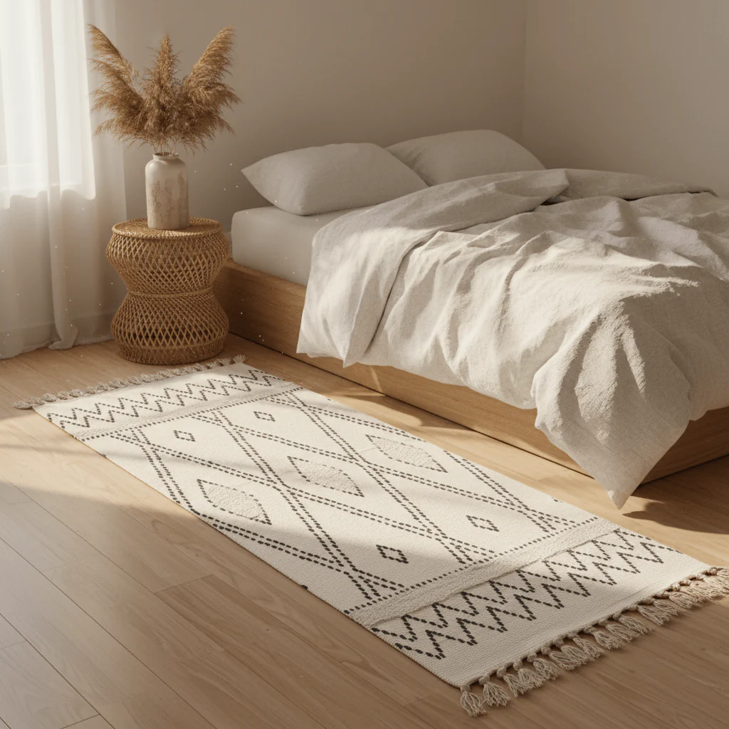 Handcrafted Moroccan Berber Flatweave Carpet | Geometric Diamond & Zigzag Pattern | 50% Cotton 50% Polyester | 60×180 cm | Ivory & Black | - Image 2