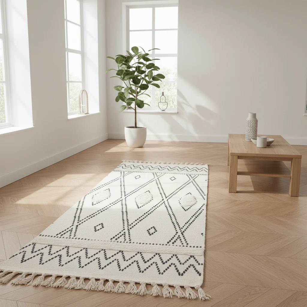 Handcrafted Moroccan Berber Flatweave Carpet | Geometric Diamond & Zigzag Pattern | 50% Cotton 50% Polyester | 60×180 cm | Ivory & Black | - Image 3