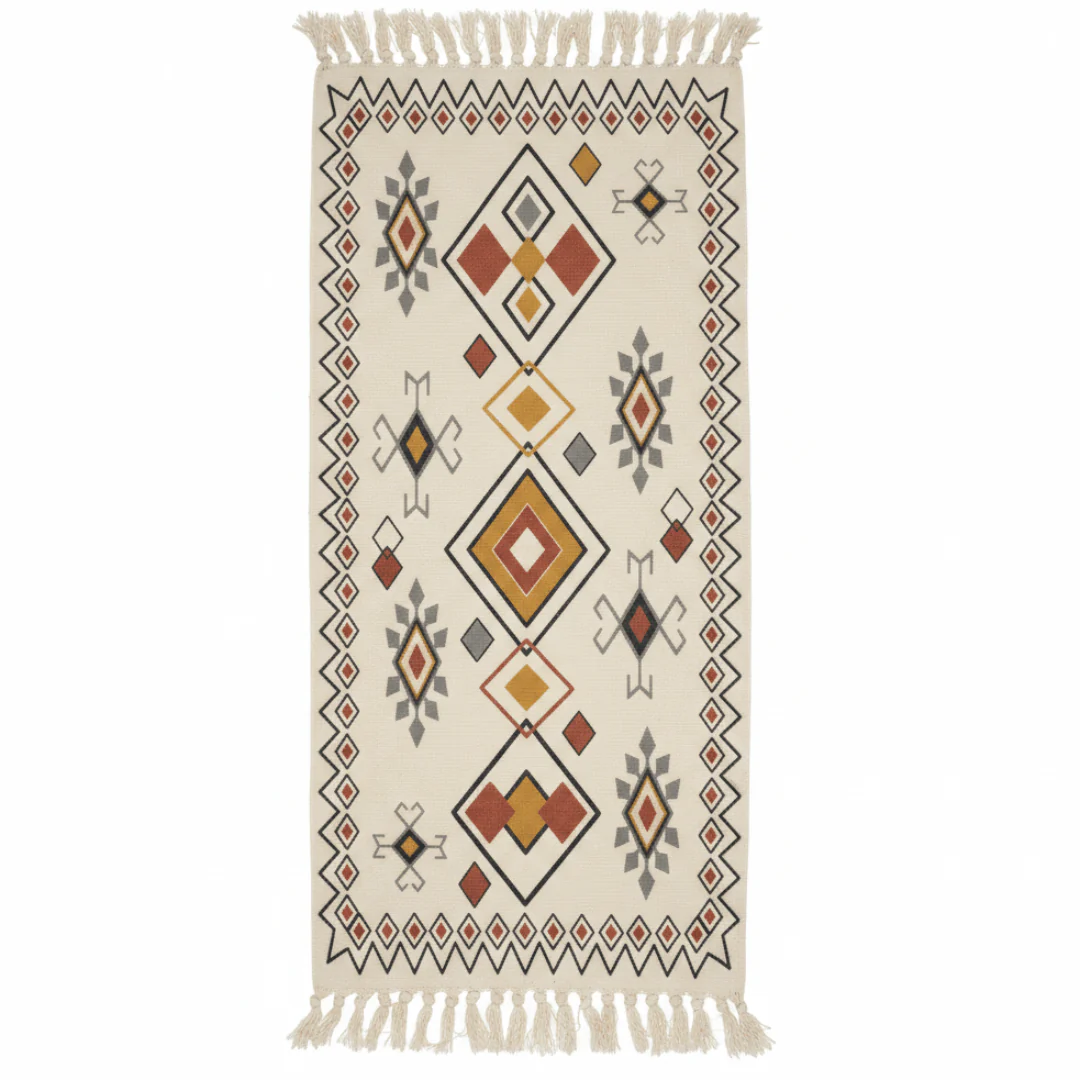 Handwoven Kilim Runner Carpet | Southwestern Geometric Pattern | 50% Cotton 50% Polyester | Fringe Tassels | 60×150 cm | Cream, Terracotta & Gold | Boho, Majlis & Modern Décor