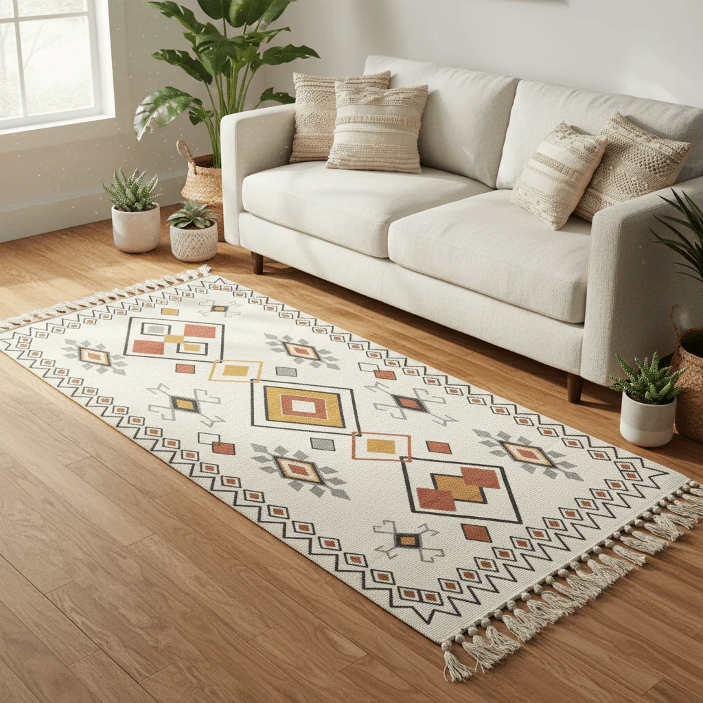 Handwoven Kilim Runner Carpet | Southwestern Geometric Pattern | 50% Cotton 50% Polyester | Fringe Tassels | 60×150 cm | Cream, Terracotta & Gold | Boho, Majlis & Modern Décor - Image 2