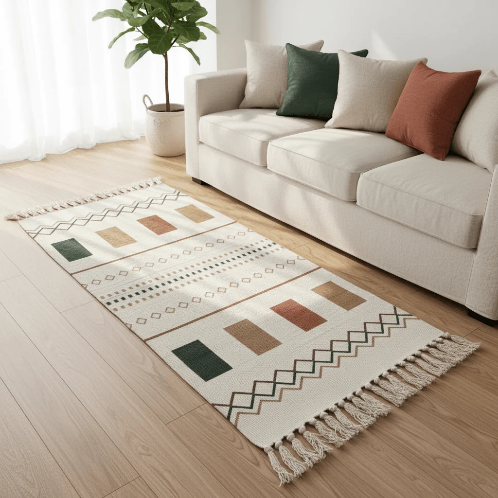 Handwoven Moroccan-Style Geometric Runner Carpet | 50% Cotton 50% Polyester | Cream with Fringe Tassels | 60 x 150 cm - Image 3