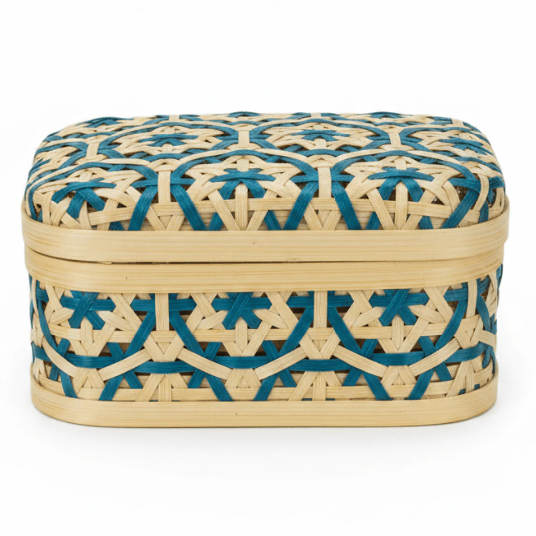 Handwoven Rectangle Bamboo Rattan Storage Box with Geometric Pattern | Decorative Organizer Box | 17×12×8 cm |