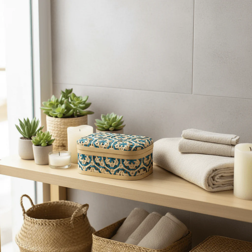 Handwoven Rectangle Bamboo Rattan Storage Box with Geometric Pattern | Decorative Organizer Box | 17×12×8 cm | - Image 3