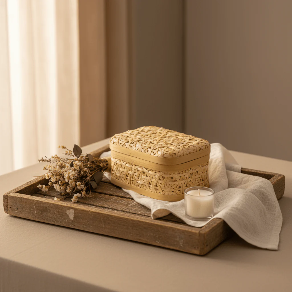 Handwoven Rectangle Bamboo Rattan Storage Box with Lid | Natural Wicker Organizer for Jewelry, Vanity & Home Décor | 17×12×8 cm - Image 2